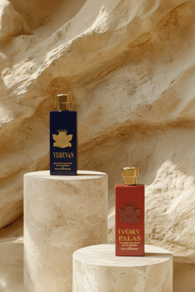 Elegant men’s perfumes Yerevan and Ivory Palas displayed on marble stands with a desert-inspired background