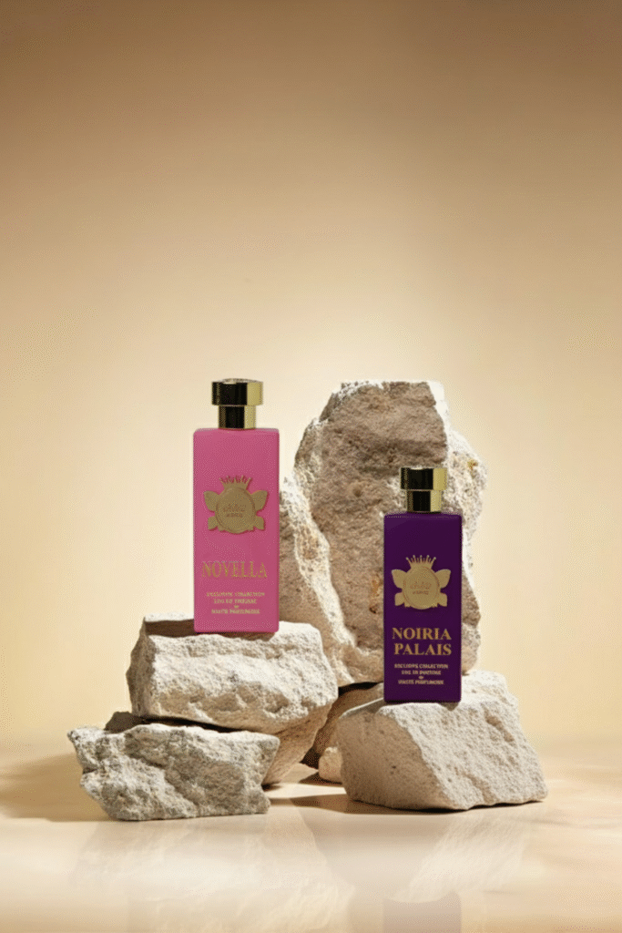 Elegant women’s perfumes Novella and Noria Palais displayed on stone rocks with a warm beige background